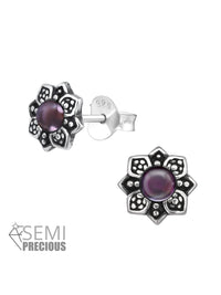 Silver Flower Stud Earrings - Semi Precious Natural Stone Genuine Amethyst Oxidized