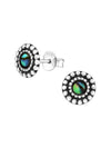 Silver Round Stud Earrings - Oxidized - Stone and Epoxy - Abalone