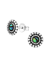 Silver Round Stud Earrings - Oxidized - Stone and Epoxy - Abalone