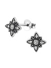 Silver Flower Stud Earrings - CZ Black Spinel Oxidized