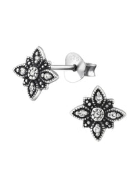 Silver Flower Stud Earrings - CZ Black Spinel Oxidized