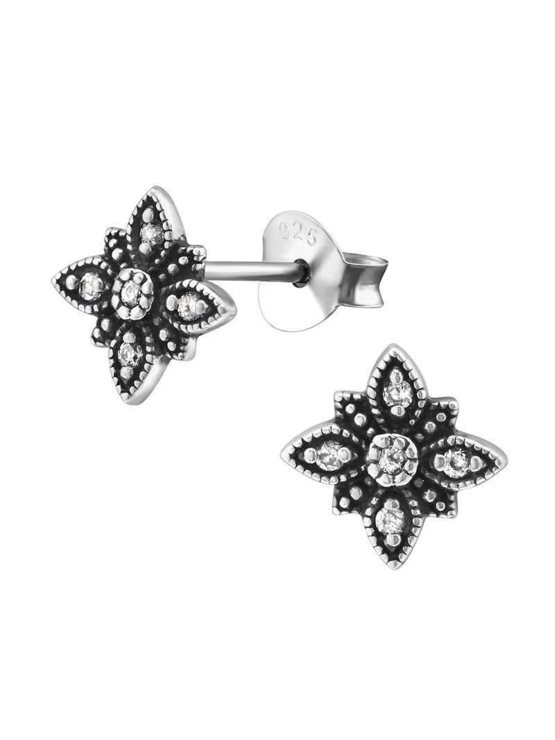 Silver Flower Stud Earrings - CZ Black Spinel Oxidized