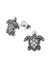 Silver Turtle Stud Earrings - Oxidized - CZ