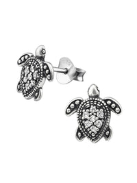Silver Turtle Stud Earrings - Oxidized - CZ