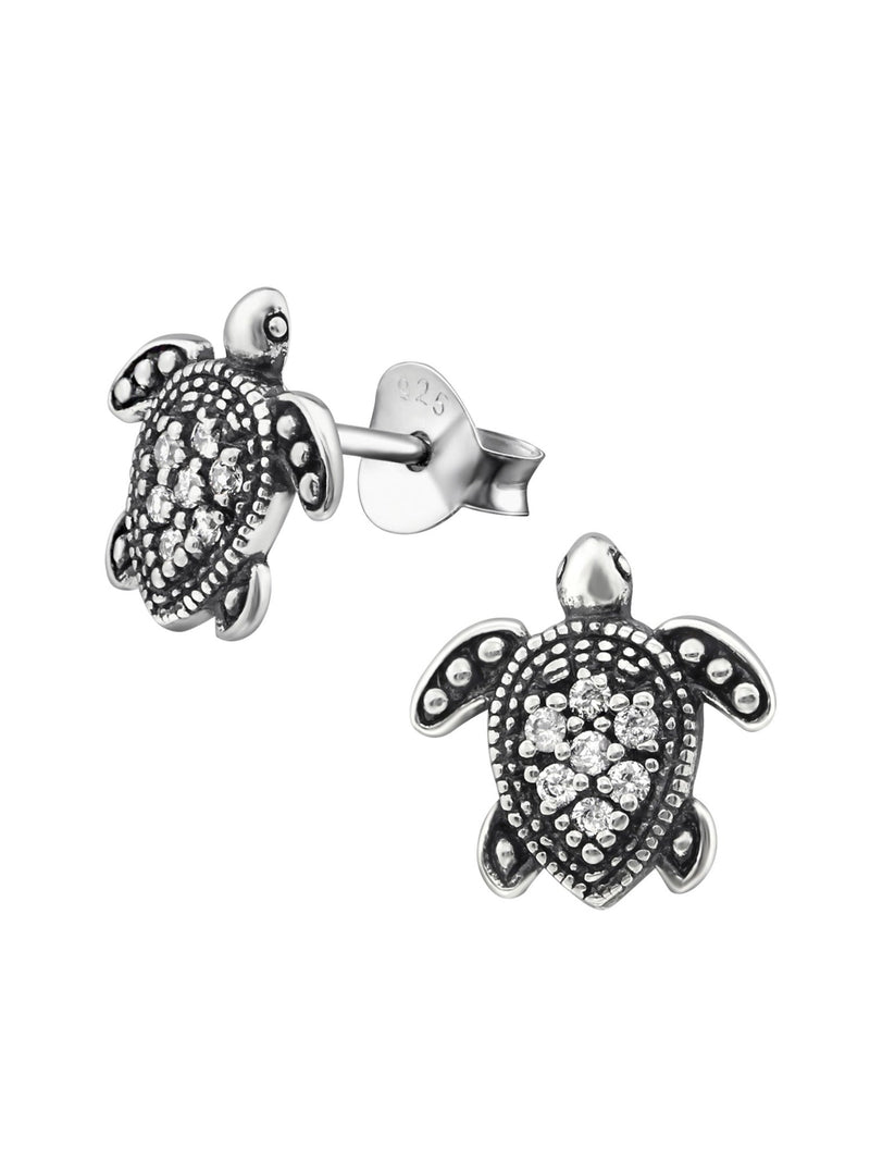 Silver Turtle Stud Earrings - Oxidized - CZ
