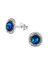 Silver Antique Stud Earrings - Stone and Epoxy - Abalone Dark Blue