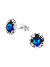 Silver Antique Stud Earrings - Stone and Epoxy - Abalone Dark Blue