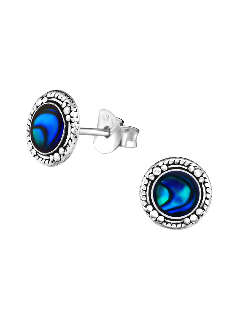Silver Antique Stud Earrings - Stone and Epoxy - Abalone Dark Blue