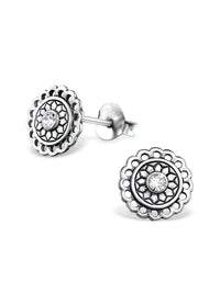 Silver Bali Round Stud Earrings - Crystal Oxidized