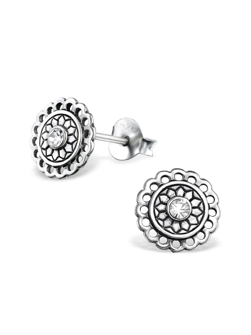 Silver Bali Round Stud Earrings - Crystal Oxidized