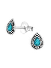 Silver Pear Stud Earrings - Blue Glitter Epoxy Oxidized