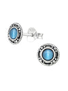 Silver Circle Stud Earrings Oxidized Blue Cat Eye