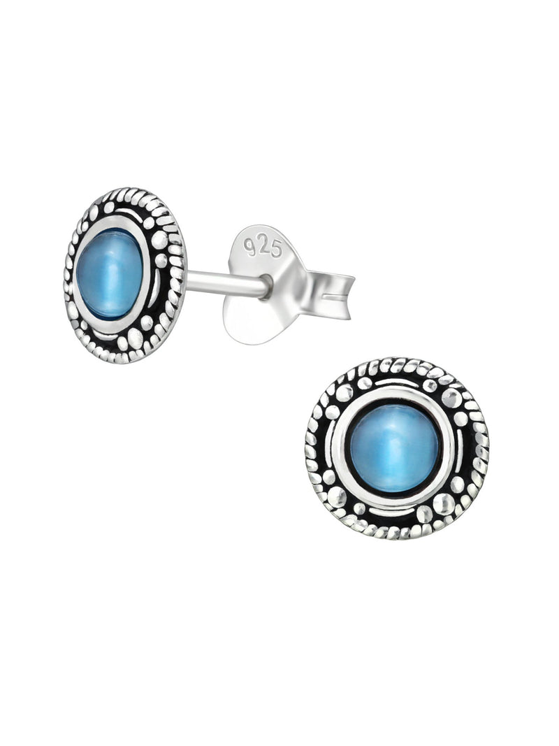 Silver Circle Stud Earrings Oxidized Blue Cat Eye