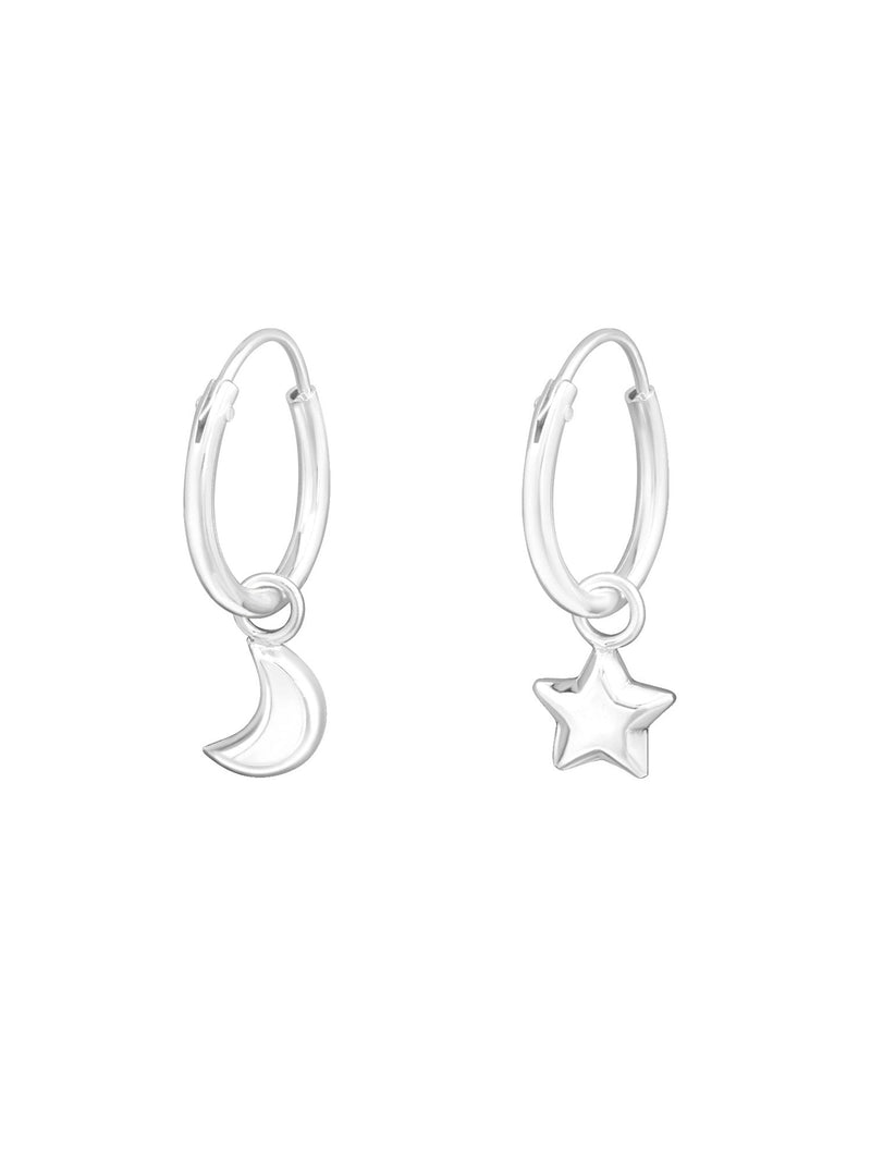 Silver Moon + Star Hanging Huggies Earrings