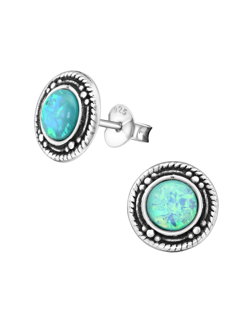 Silver Round Oxidized  Stud Earrings - Opal