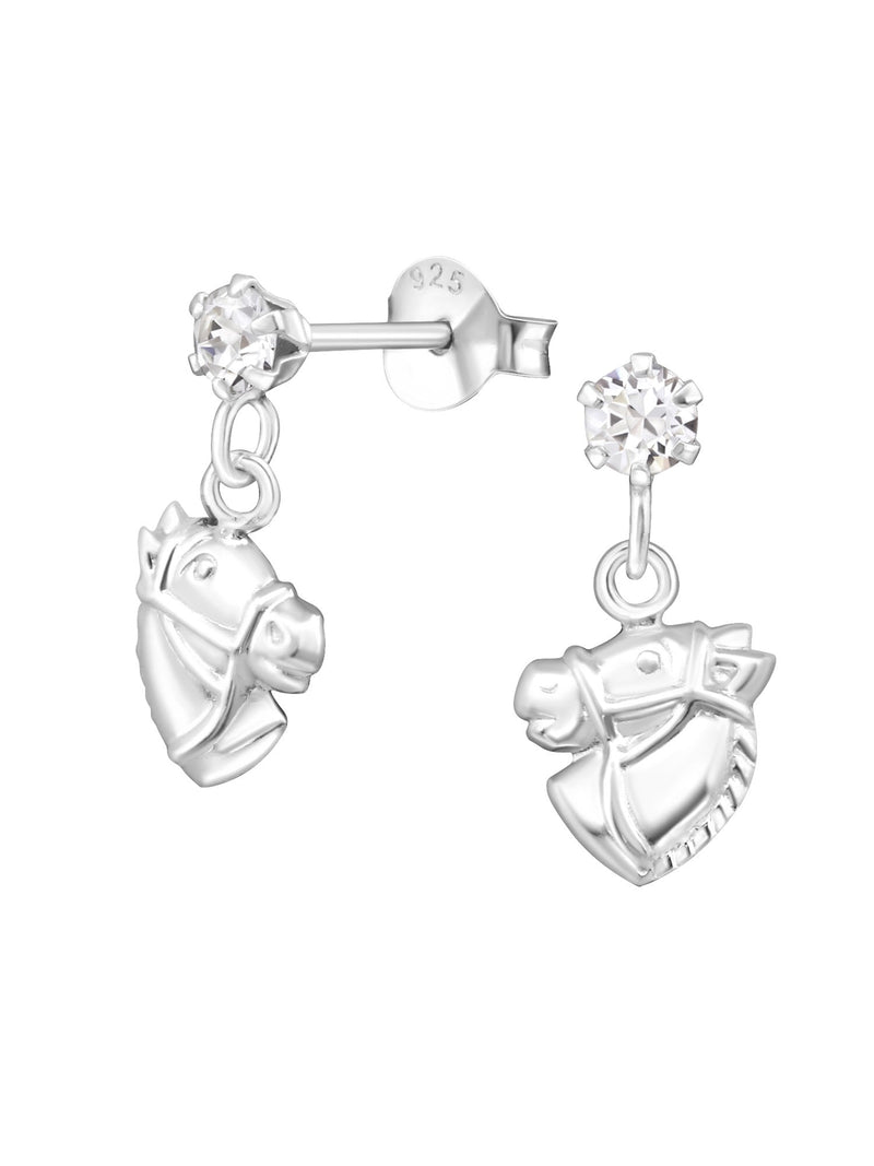 Silver Hanging Horse Stud Earrings - Genuine European Crystals