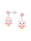 Silver Hanging Owl Stud Earrings - Epoxy - Genuine European Crystals