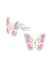 Silver Butterfly Stud Earrings - Crystal and Epoxy