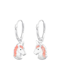 Silver Hanging Unicorn Head Epoxy Huggies - Light Pink Glitter