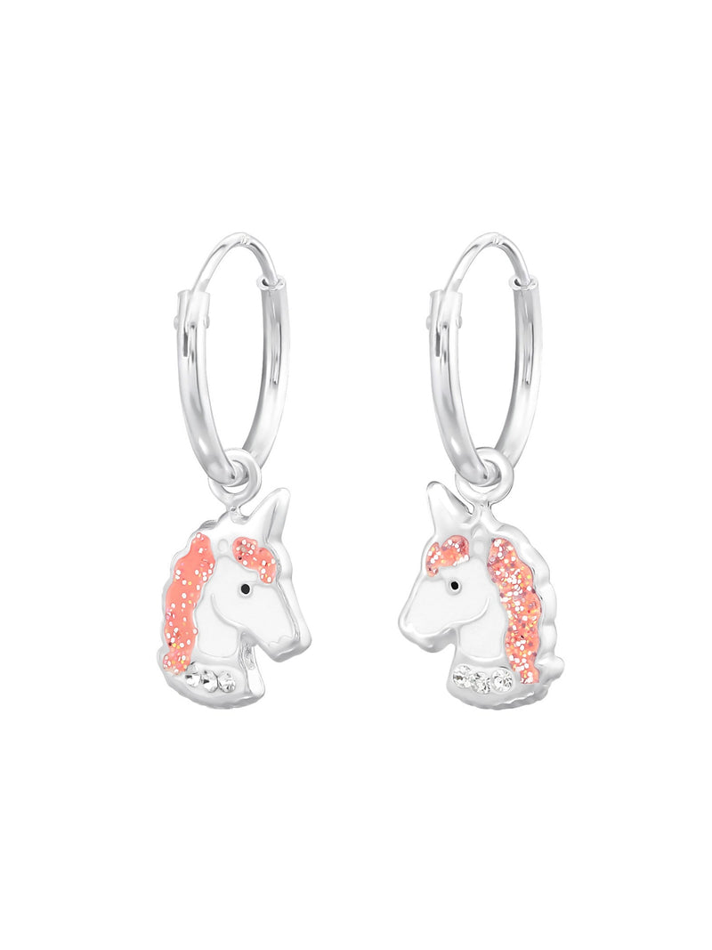 Silver Hanging Unicorn Head Epoxy Huggies - Light Pink Glitter