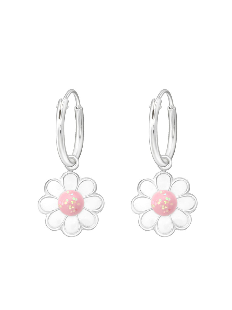 Silver Hanging Flower Huggies - Epoxy