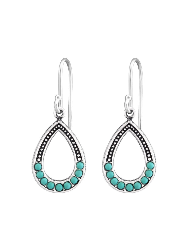 Silver Pear Hook Earrings - Green Turquoise Pearl Oxidized