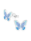 Silver Butterfly Stud Earrings - Crystal and Epoxy - Blue