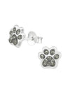 Silver Paw Print Stud Earrings - Crystal - Black Diamond