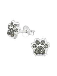 Silver Paw Print Stud Earrings - Crystal - Black Diamond