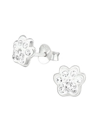 Silver Paw Print Stud Earrings - Crystal - Crystal
