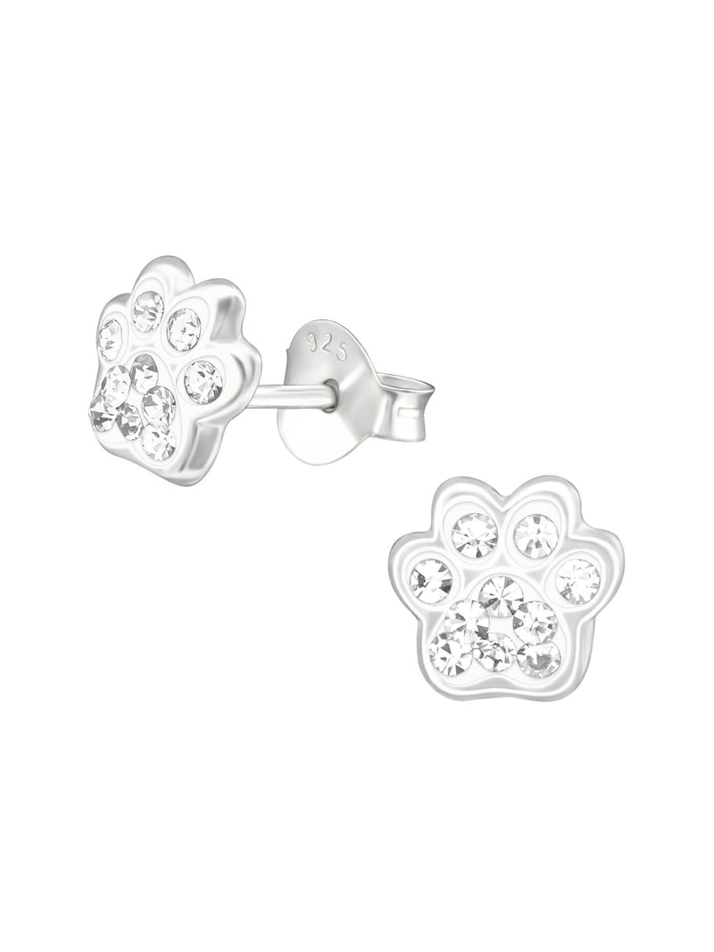 Silver Paw Print Stud Earrings - Crystal - Crystal