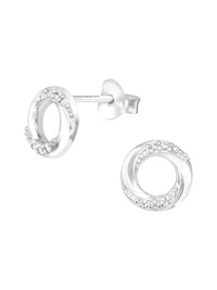 Silver Twist Circle Stud Earrings - CZ Crystal