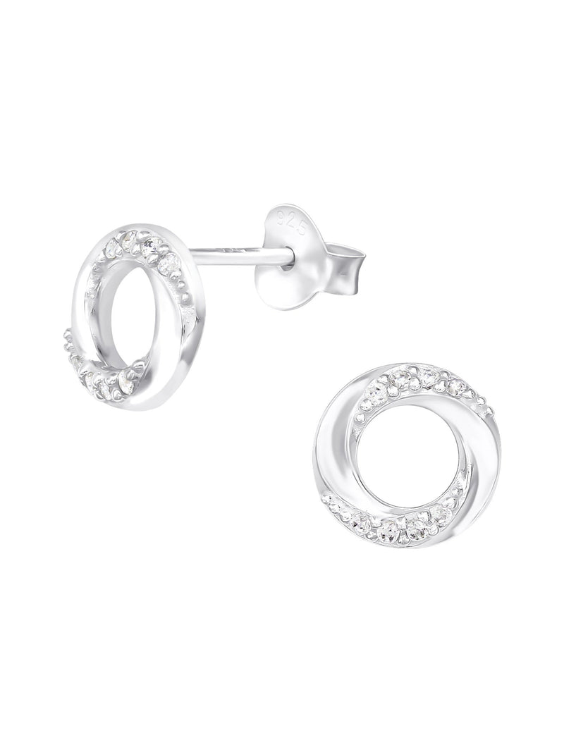 Silver Twist Circle Stud Earrings - CZ Crystal