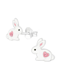 Silver Bunny Rabbit Stud Earrings - Crystal and Epoxy