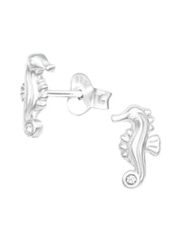 Silver Seahorse Stud Earrings - Crystal