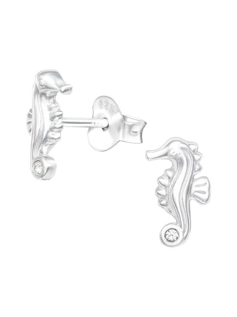 Silver Seahorse Stud Earrings - Crystal