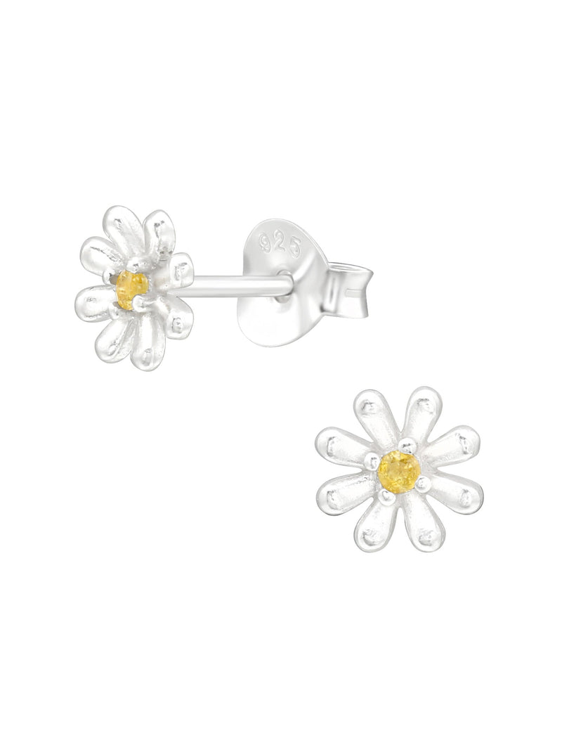 Silver Flower Stud Earrings - CZ Yellow