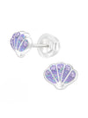 Silver Shell Stud Earrings - Crystal and Epoxy - Purple