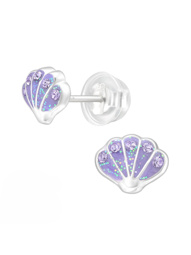 Silver Shell Stud Earrings - Crystal and Epoxy - Purple
