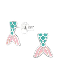 Silver Mermaid Tail  Stud Earrings - Epoxy - Pink Glitter