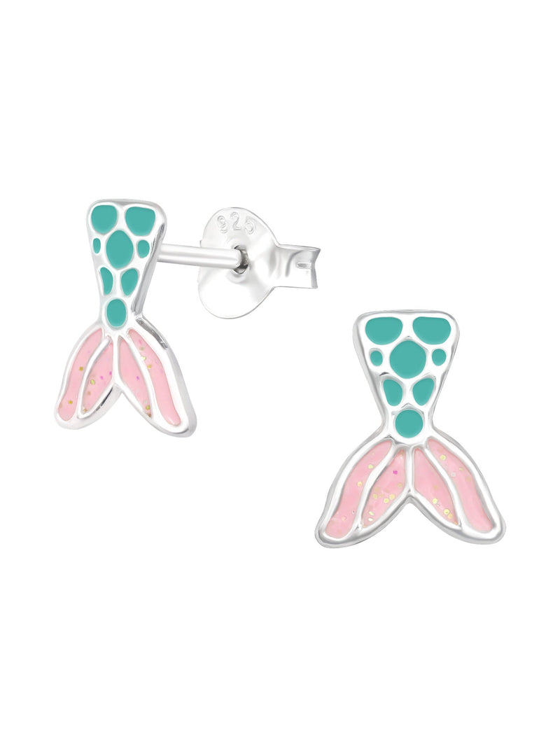 Silver Mermaid Tail  Stud Earrings - Epoxy - Pink Glitter