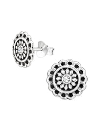 Silver Flower Stud Earrings - Crystal Oxidized