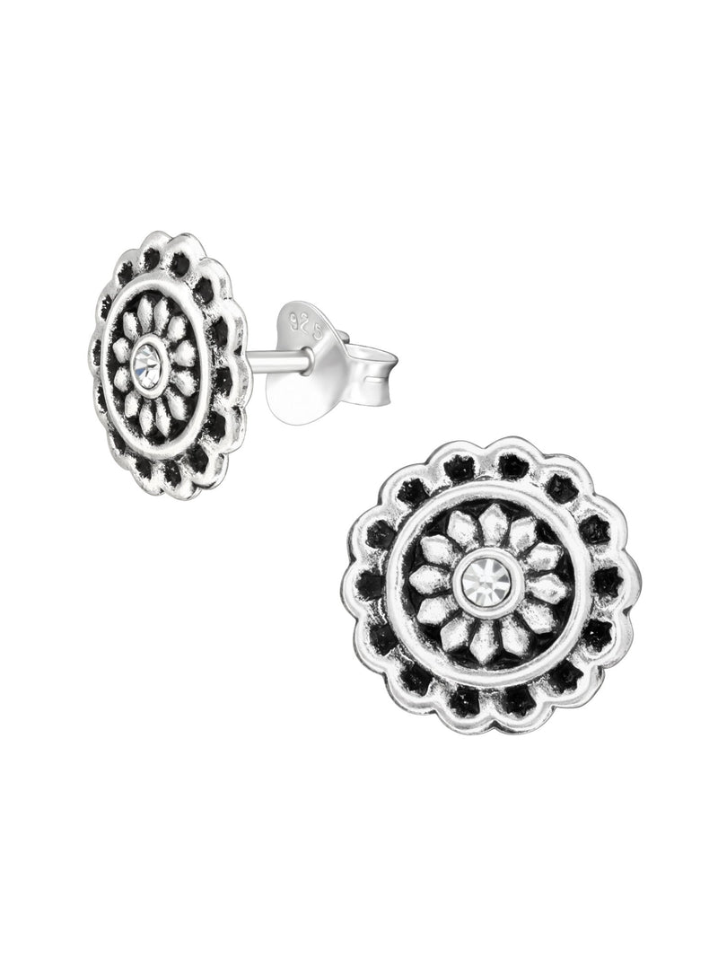 Silver Flower Stud Earrings - Crystal Oxidized