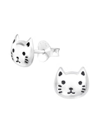 Silver Cat Stud Earrings - Epoxy - Black