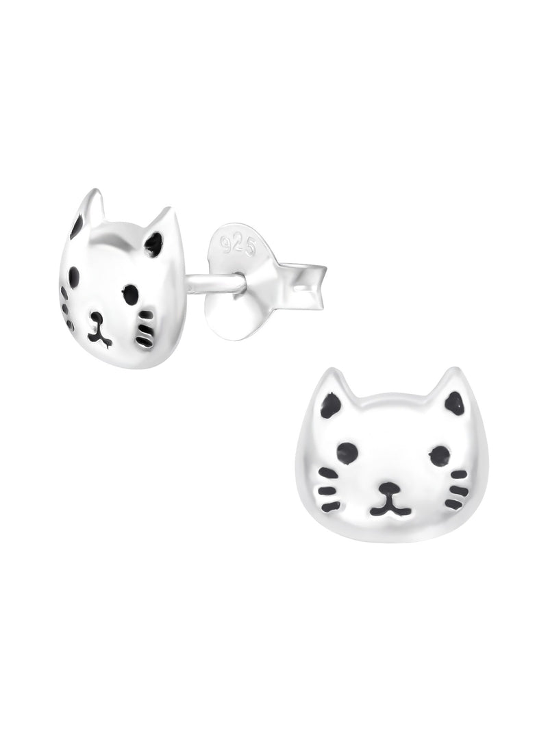 Silver Cat Stud Earrings - Epoxy - Black
