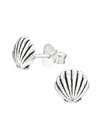 Silver Shell Stud Earrings - Oxidized