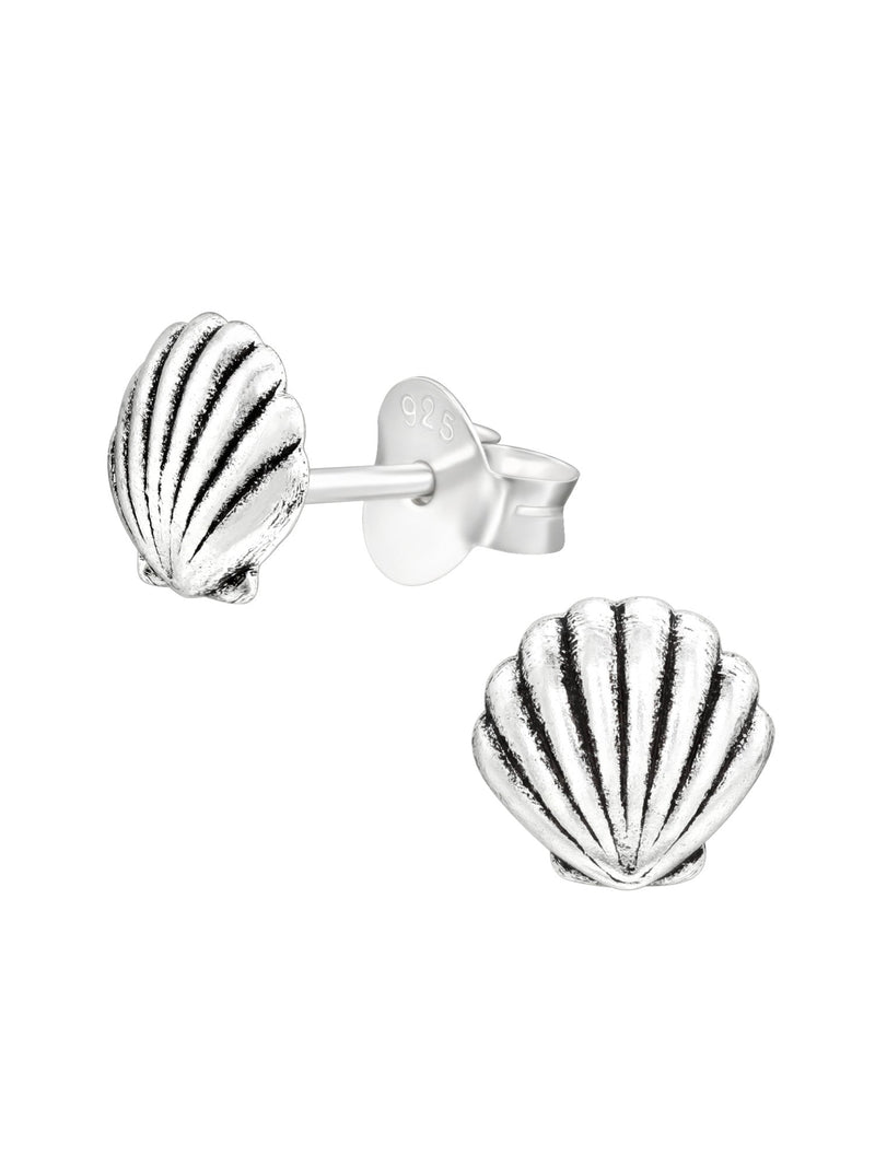 Silver Shell Stud Earrings - Oxidized