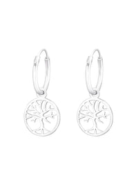 Silver Hanging Tree of Life Huggies Earrings