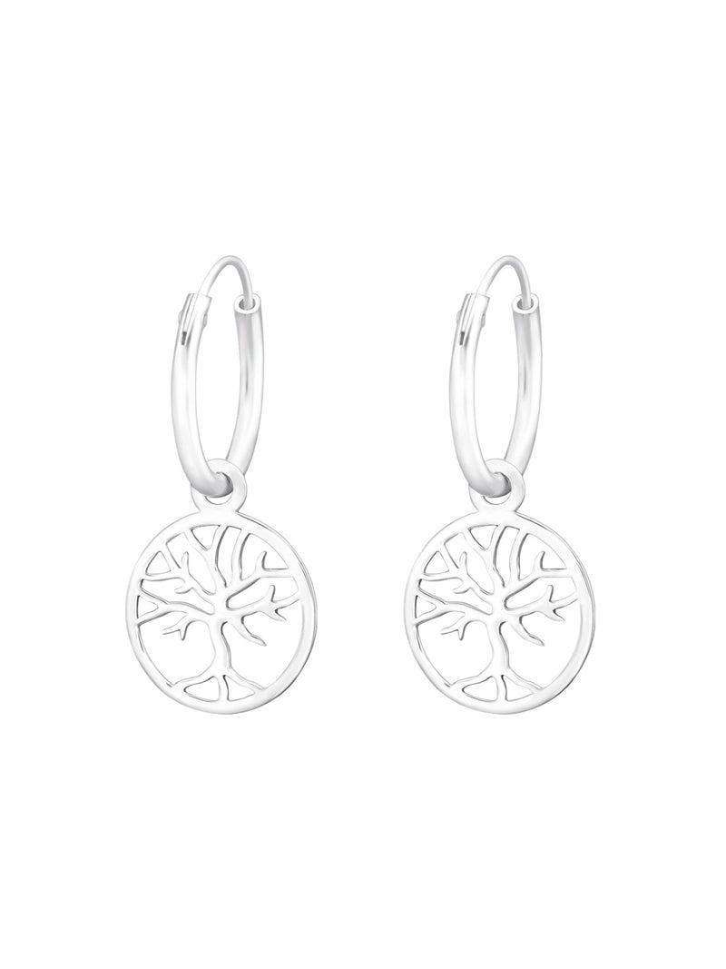 Silver Hanging Tree of Life Huggies Earrings