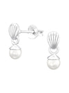 Silver Shell Stud Earrings - Hanging Glass Pearl White